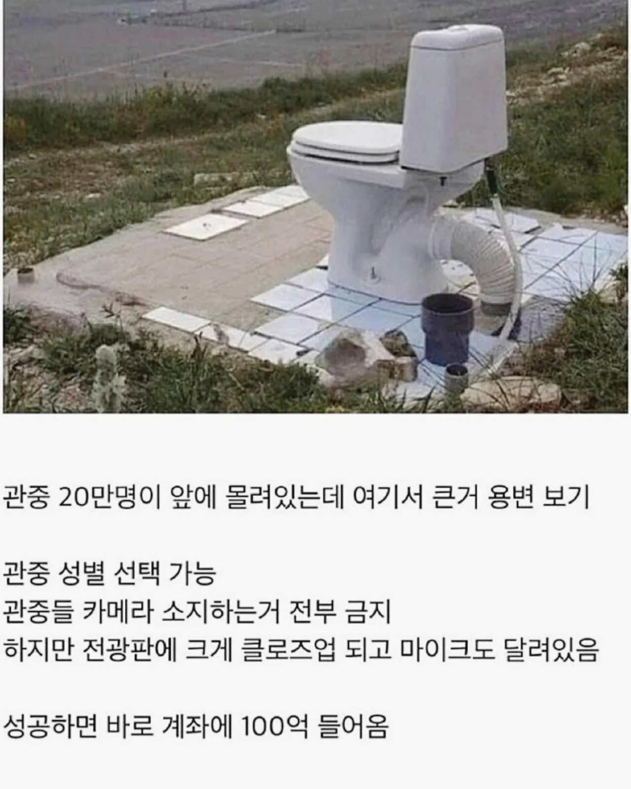 관중 20만명 앞에서 용변 큰거 보기. 성공시 100억 가능?